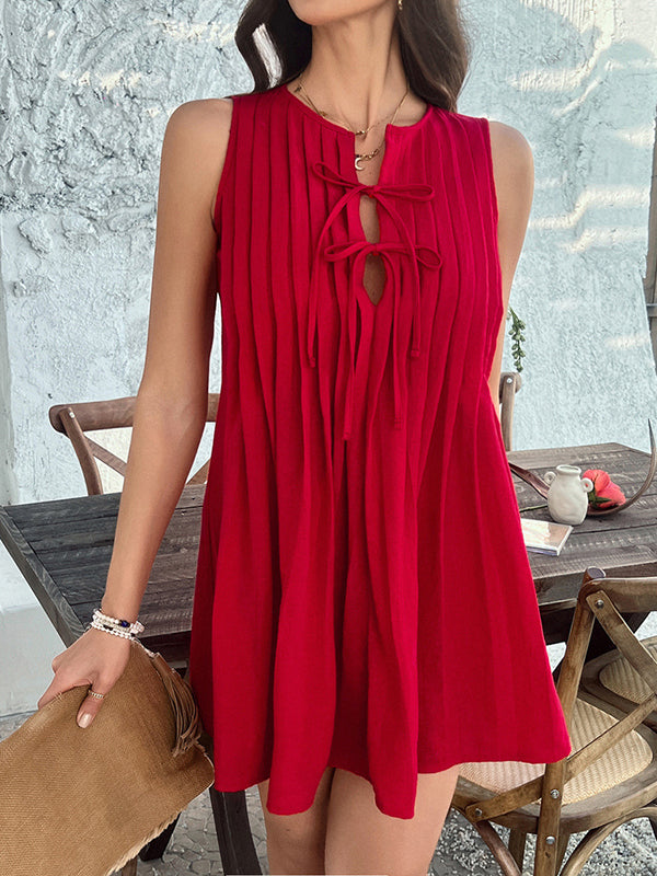 A-Line Loose Pleated Solid Color Tied Round-Neck Mini Dresses Vest Top