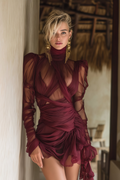 Théa Burgundy Asymmetrical Ruched Mini Dress