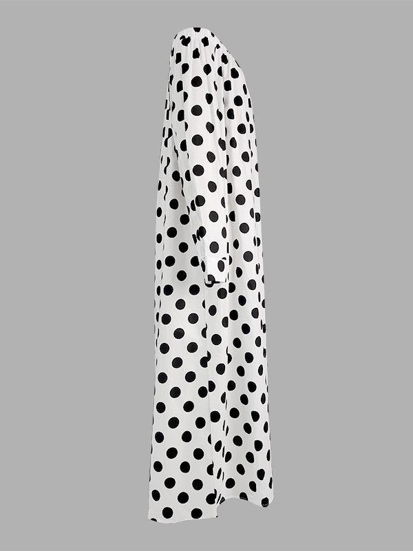 A-Line Long Sleeves Elasticity Polka-Dot Split-Joint Off-The-Shoulder Maxi Dresses