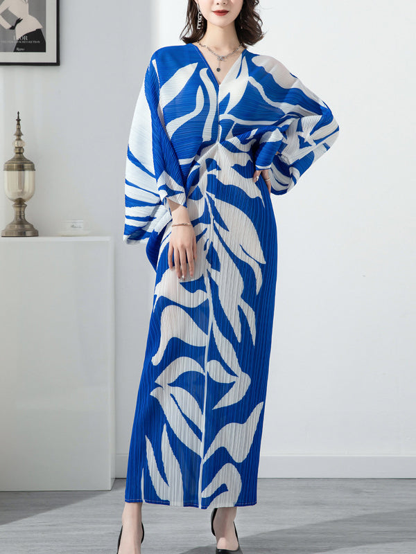 Original Batwing Sleeves Long Sleeves Contrast Color Printed Pleated V-Neck Midi Dresses