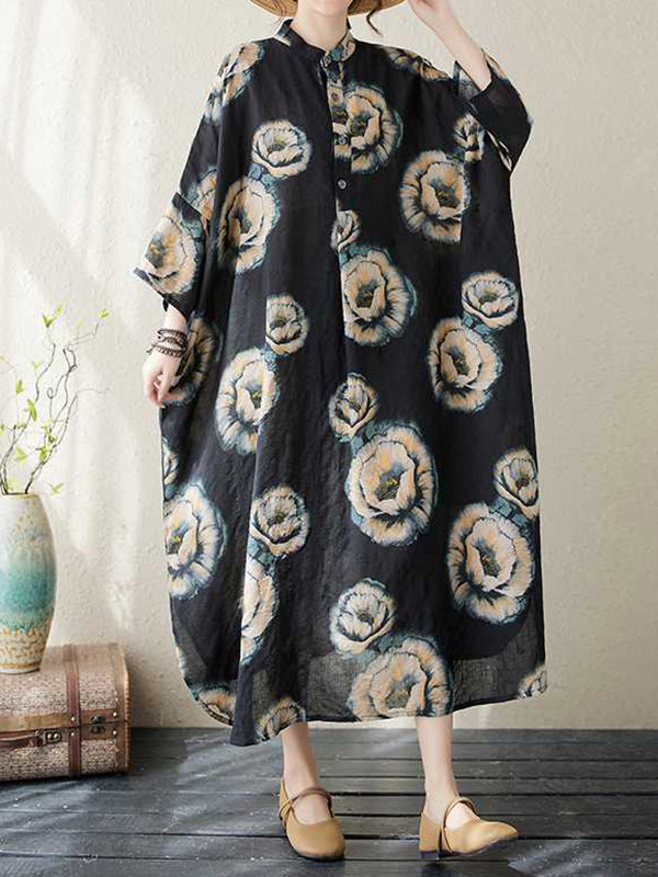 Loose Three-quarter Sleeves Buttoned Flower Print Stand Collar Midi Dresses