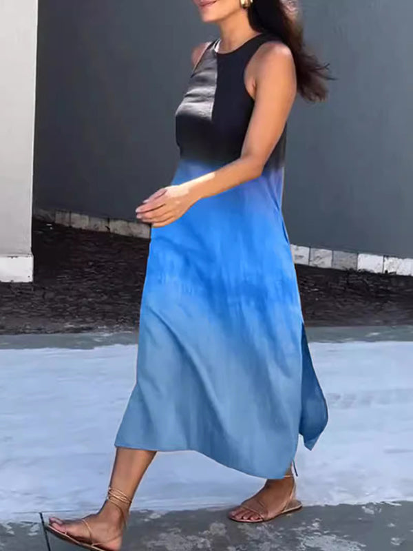 High Waisted Loose Gradient Split-side Round-neck Midi Dresses