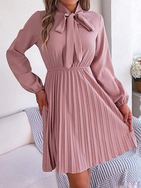 Long Sleeves Loose Pleated Solid Color Tied Mock Neck Mini Dresses