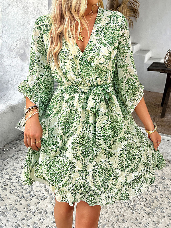 Flared Sleeves Half Sleeves Flower Print Ruffle Trim Split-Joint Tied Waist V-Neck Mini Dresses