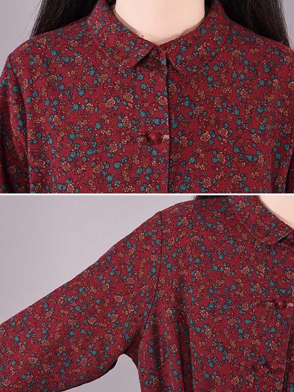 Original Lapel Frenum Floral Printed Midi Dress