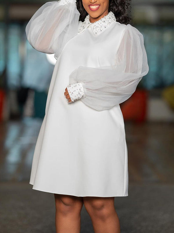 Puff Sleeves Beads Mesh Solid Color Split-Joint Round-neck Midi Dresses