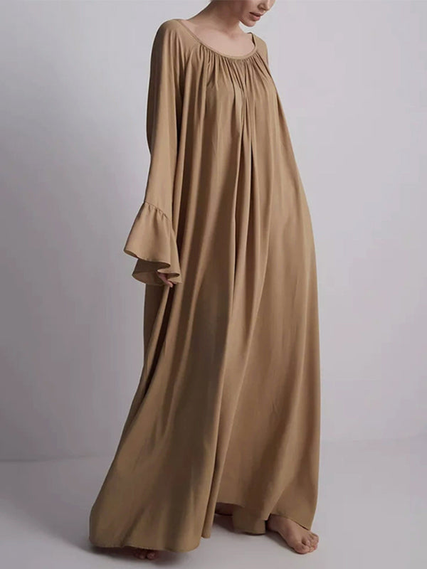 Flared Sleeves Loose Pleated Solid Color Split-Joint Round-Neck Maxi Dresses