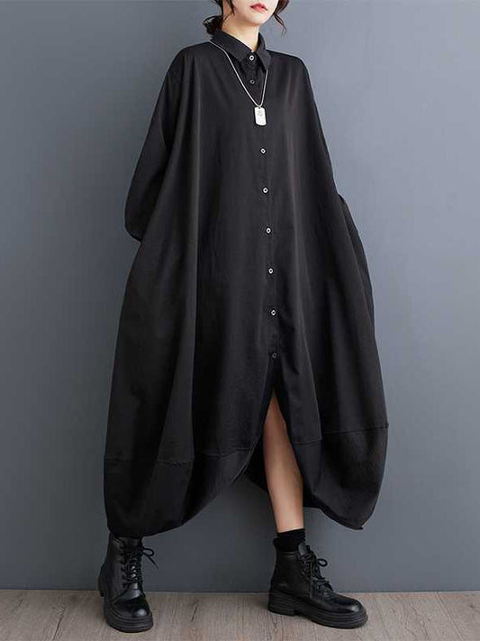 A-Line Long Sleeves Buttoned Pockets Solid Color Split-Joint Lapel Midi Dresses Shirt Dress