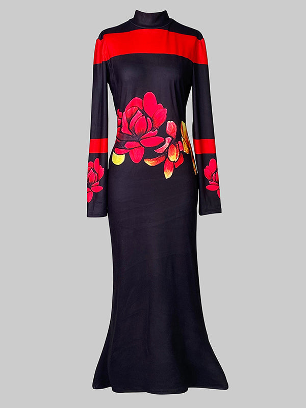 Bodycon Long Sleeves Flower Print High Neck Midi Dresses