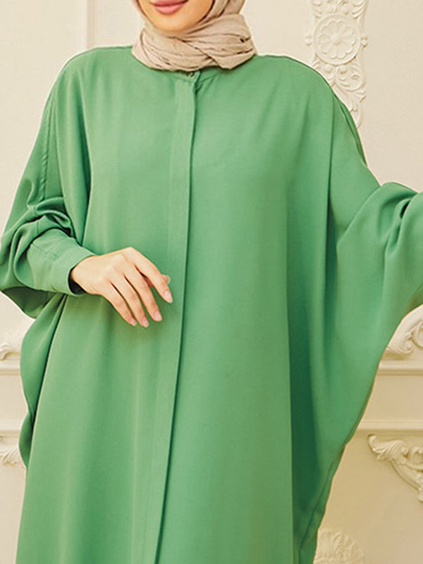 Batwing Sleeves Loose Buttoned Muslim Solid Color Split-Side Round-Neck Maxi Dresses