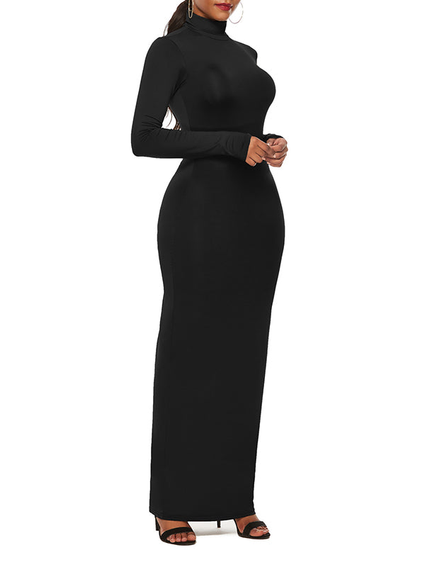 Bodycon Long Sleeves Solid Color High Neck Maxi Dresses