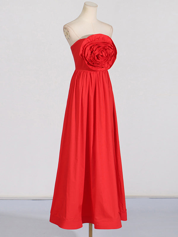 High Waisted Loose Pleated Solid Color Split-Joint Three-Dimensional Flower Zipper Tube Maxi Dresses
