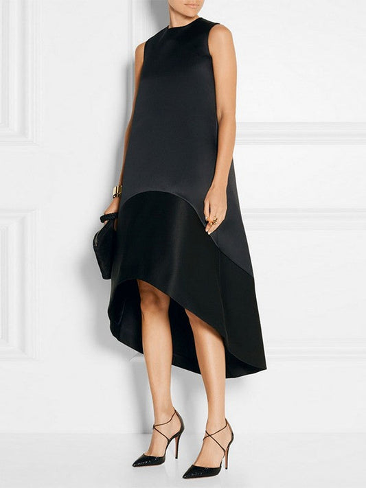 High-Low Loose Solid Color Split-Joint Round-Neck Midi Dresses