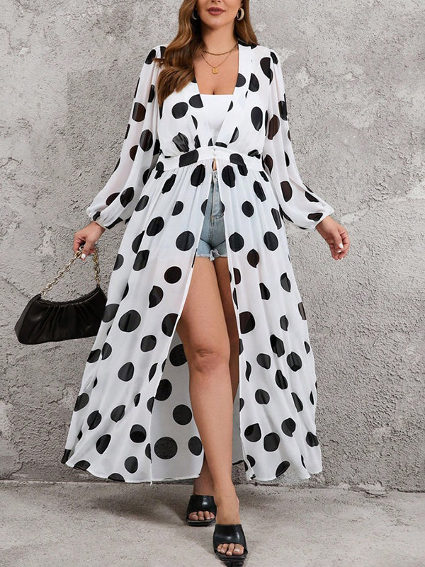High Waisted Long Sleeves Pleated Polka-Dot See-Through Split-Joint Deep V-Neck Maxi Dresses Outerwear