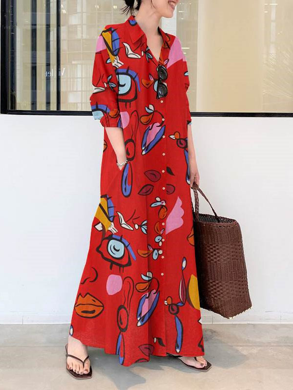 Long Sleeves Loose Buttoned Pockets Printed Lapel Maxi Dresses Shirt Dress
