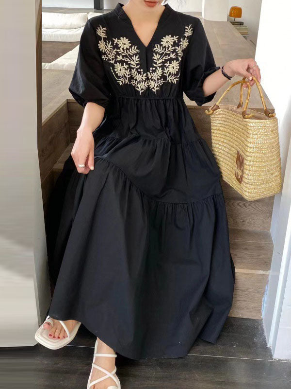 Bishop Sleeve Loose Embroidered Pleated V-Neck Midi Dresses