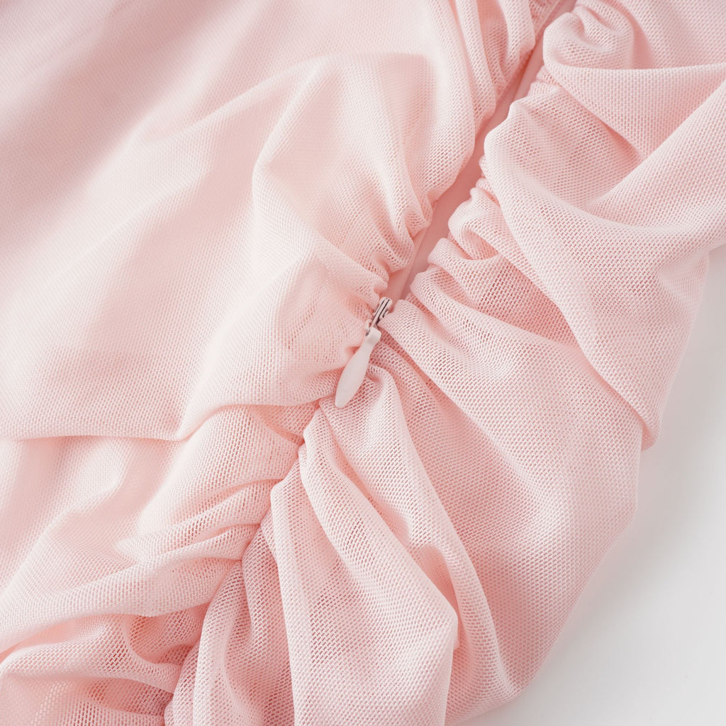 Garance Pink Asymmetrical Ruched Mesh Maxi Dress