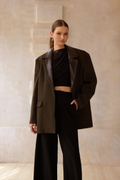 Amber Brown Leather Panel Herringbone Tweed Blazer