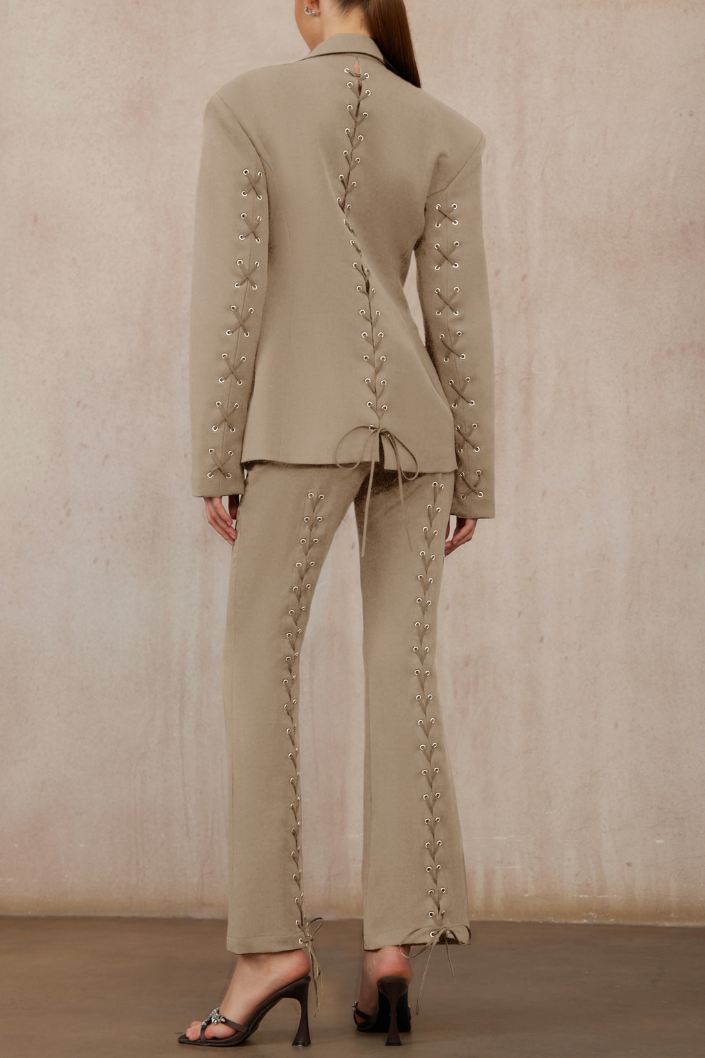 Prunille Khaki Lace-Up Blazer & Trousers Set
