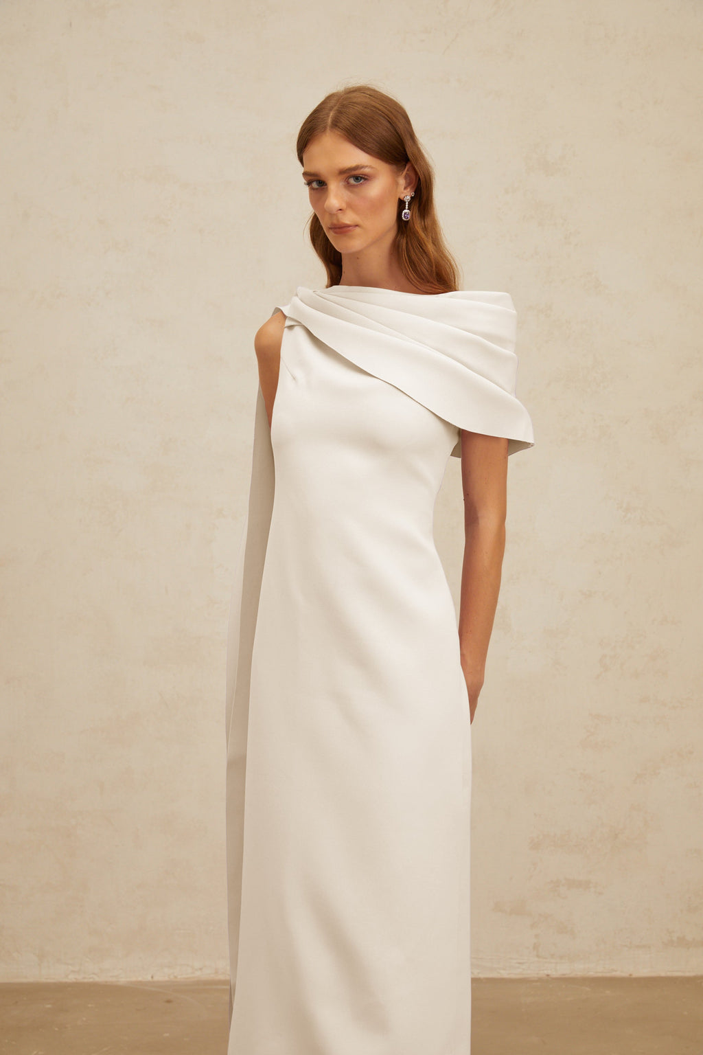 Annabelle White Cape-Design Ribbon Maxi Dress