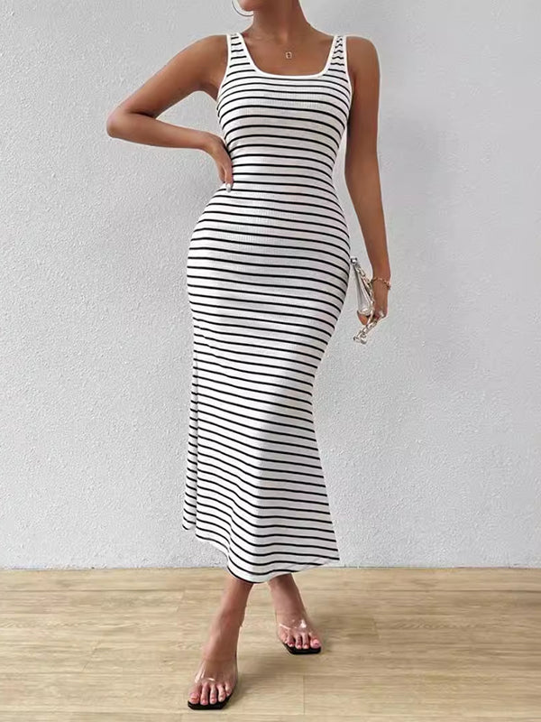 Bodycon Sleeveless Split-Joint Striped U-Neck Midi Dresses