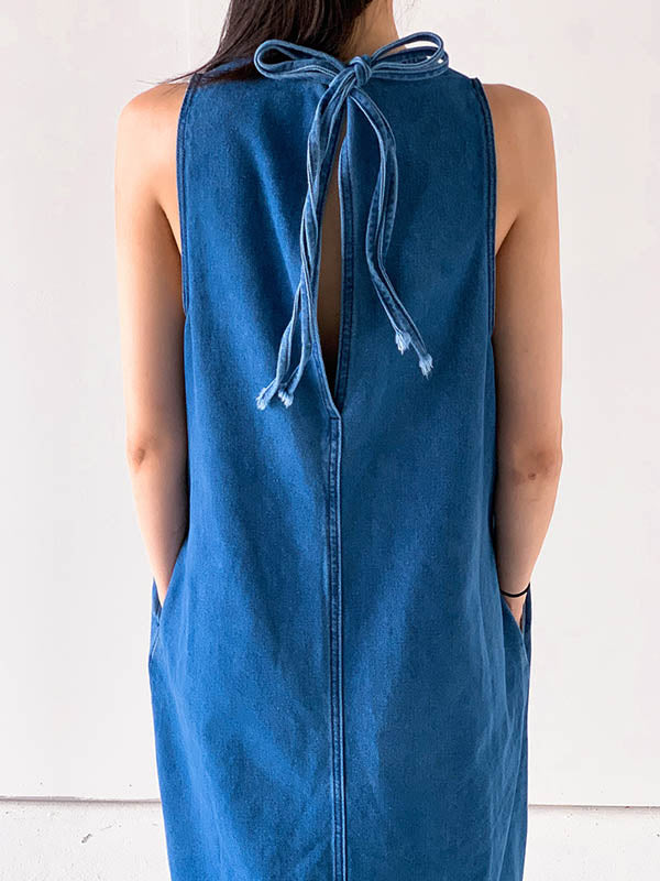 A-Line Loose Pockets Solid Color Tied Round-Neck Maxi Dresses