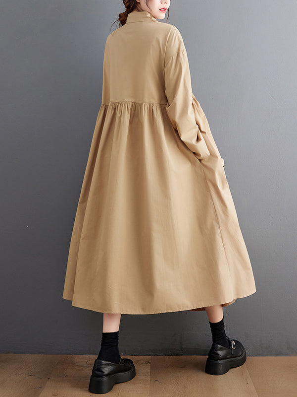 A-Line Long Sleeves Buttoned Pleated Pockets Solid Color Tied Lapel Midi Dresses Shirt Dress