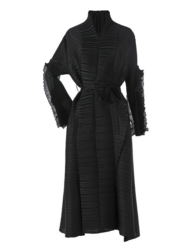 Casual Long Sleeves Loose Tied Pleated Stand Collar Midi Dresses