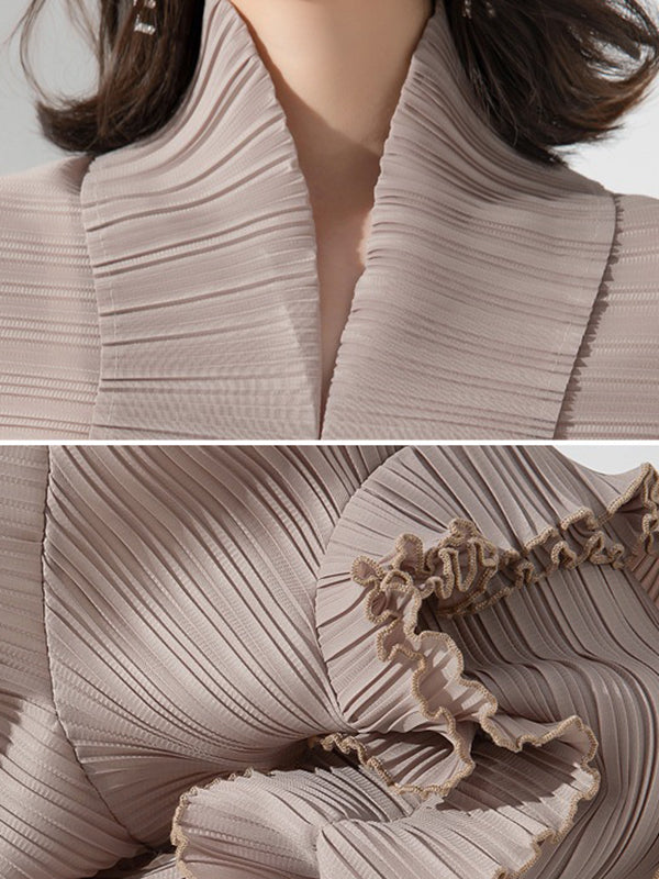 Casual Long Sleeves Loose Tied Pleated Stand Collar Midi Dresses