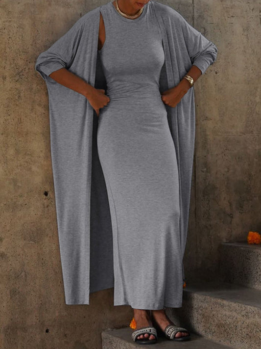 Long Sleeves Solid Color Round-Neck Inner Dress + Bodycon Outerwear Two Pieces Set