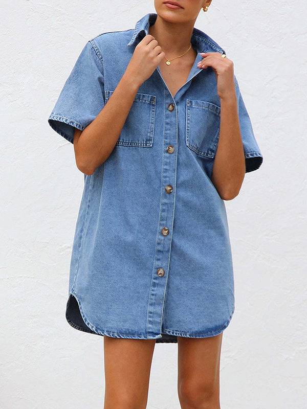 Loose Short Sleeves Split-Joint Lapel Mini Dresses Shirt Dress