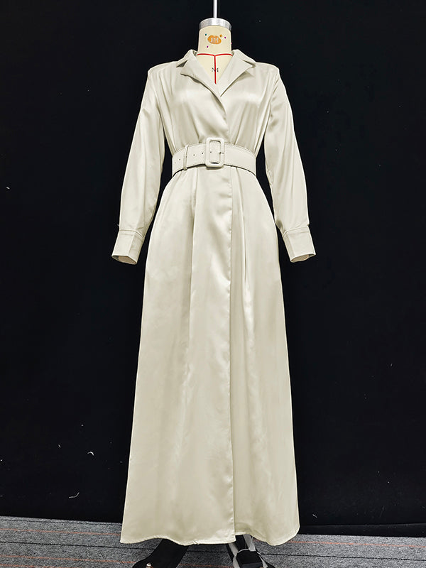 Long Sleeves Loose No Belt Solid Color Notched Collar Maxi Dresses