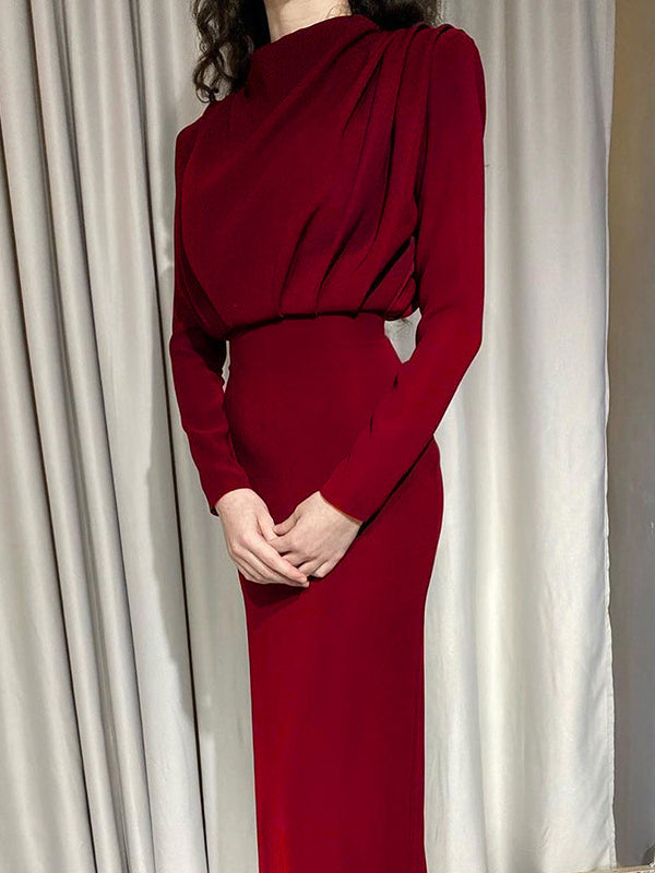 High Waisted Long Sleeves Pleated Solid Color Mock Neck Maxi Dresses Midi Dresses