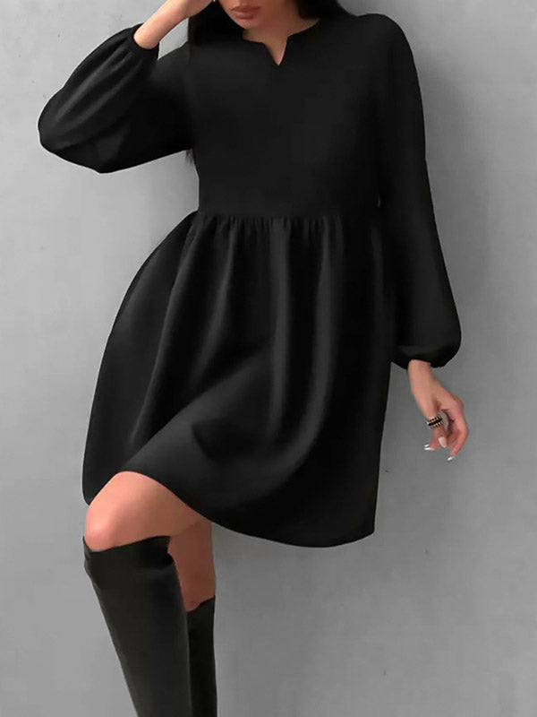 Loose Puff Sleeves Elasticity Pleated Solid Color Split-Joint Round-Neck Mini Dresses