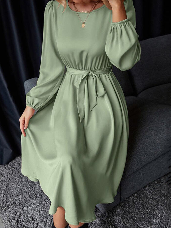 Loose Puff Sleeves Elasticity Pleated Solid Color Split-Joint Tied Waist Round-Neck Midi Dresses