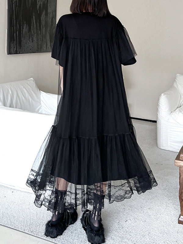 Fake Two-Piece Loose Gauze Pleated Solid Color Split-Joint Tiered Round-Neck Midi Dresses