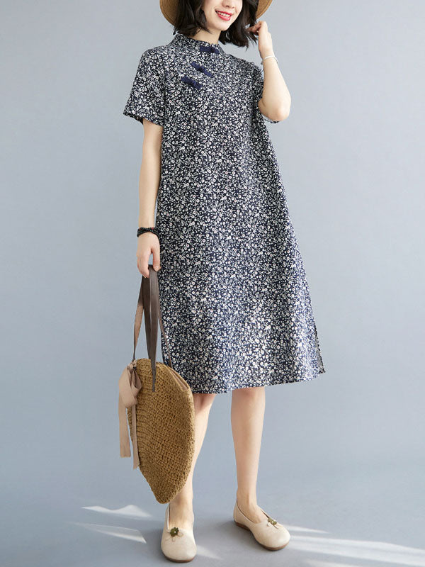 Artistic Retro Floral Printed Stand Collar Short Sleeves Cheongsam Midi Dress