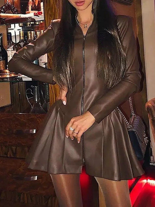Long Sleeves Skinny Pleated Split-Joint Zipper Stand Collar Mini Dresses