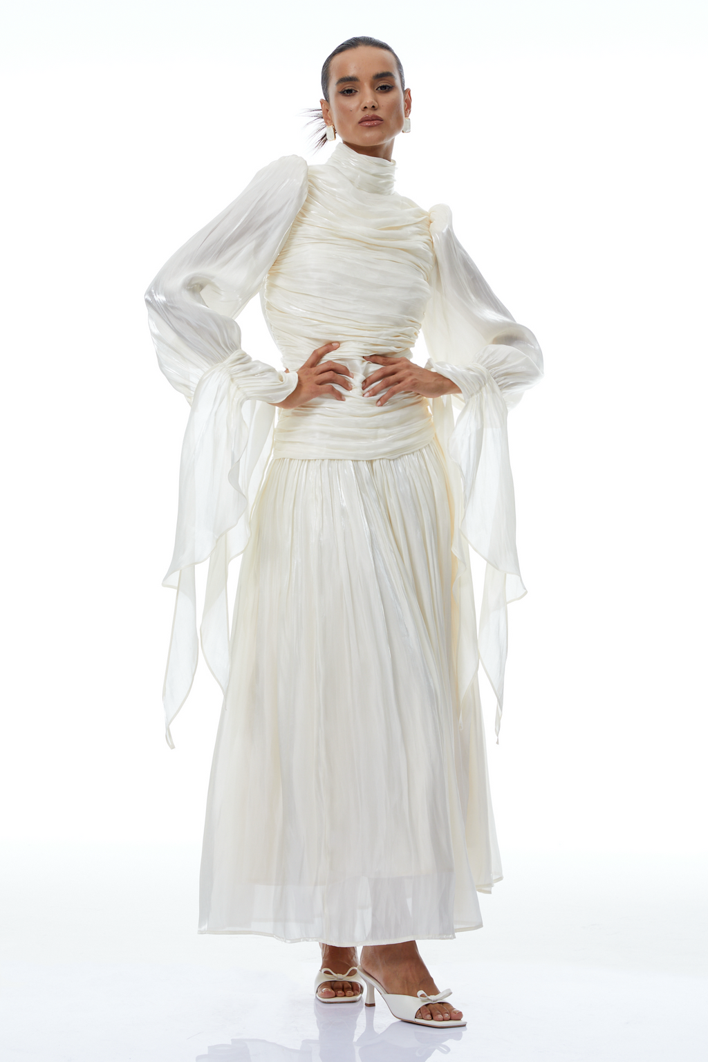 Sarolta Neutral Glossy Ruched Maxi Dress