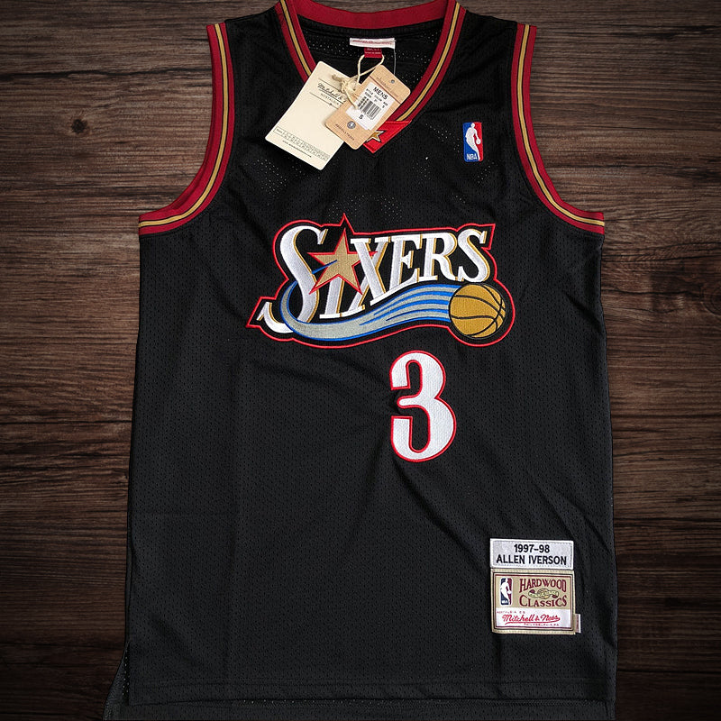 Men’s 76ers #3 Allen Iverson 1997-98 Black All Stitched Jersey
