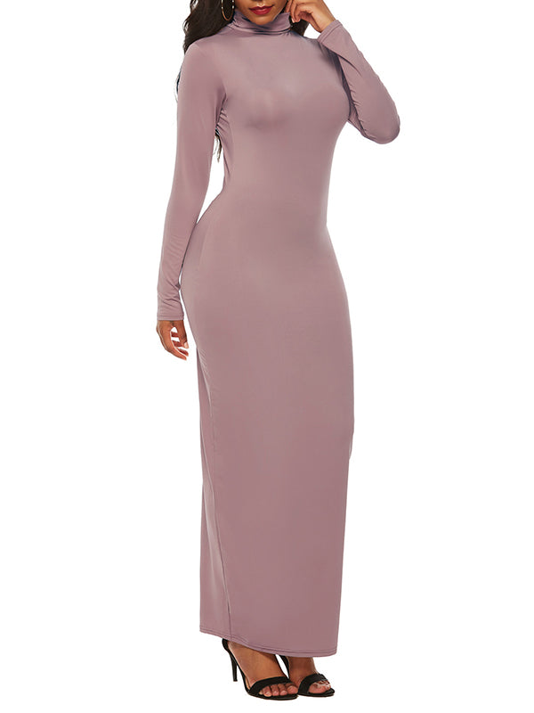 Bodycon Long Sleeves Solid Color High Neck Maxi Dresses