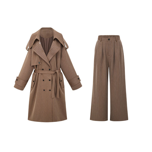 Clémence Brown Striped Trench Coat & Trousers Set