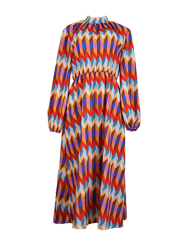 A-Line Long Sleeves Contrast Color Elasticity Pleated Stand Collar Midi Dresses