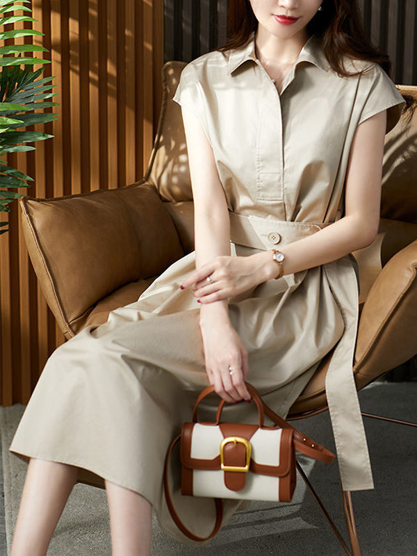 Plus Size Short Sleeves Bandage Solid Color Lapel Midi Dresses