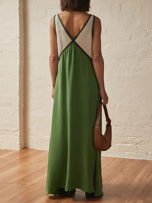 Loose Sleeveless Contrast Color Split-Joint Deep V-Neck Maxi Dresses