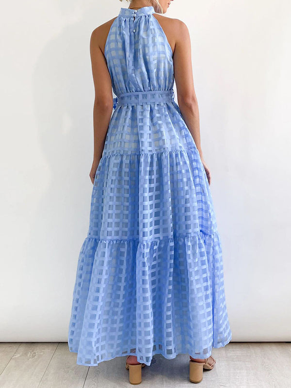 Loose Sleeveless Plaid Ribbed Stand Collar Maxi Dresses