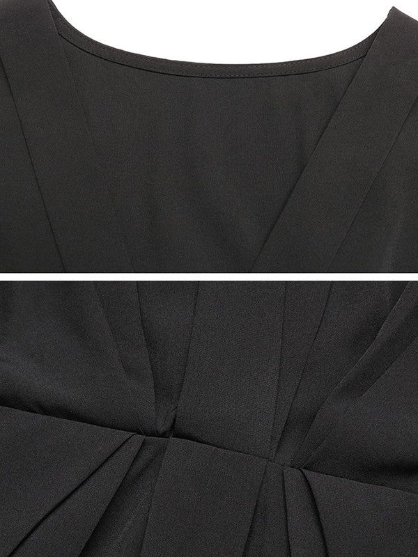 Loose Raglan Sleeve Elasticity Pleated Solid Color Split-Joint V-Neck Mini Dresses