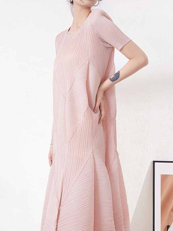 High Waisted Loose Pleated Solid Color Round-Neck Midi Dresses