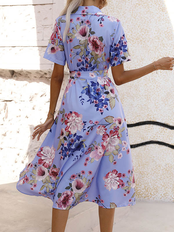 A-Line Loose Buttoned Flower Print Tied Waist Lapel Midi Dresses