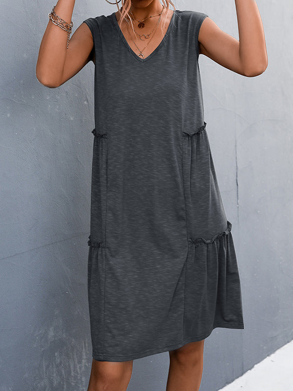 A-line Loose Pleated Solid Color Split-Joint V-neck Midi Dresses